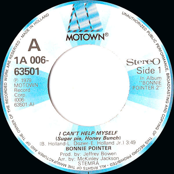 Bonnie Pointer : I Can't Help Myself (Sugar Pie, Honey Bunch) (7", Single)