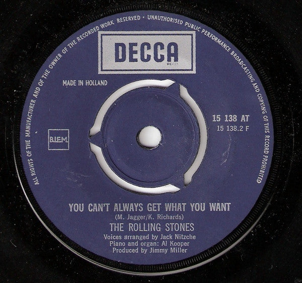 The Rolling Stones : Honky Tonk Women / You Can't Always Get What You Want (7", Single, Mono)
