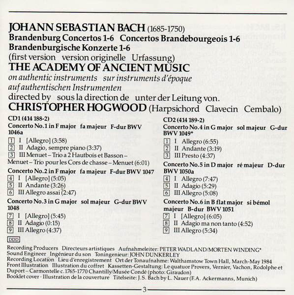 Johann Sebastian Bach, The Academy Of Ancient Music, Christopher Hogwood : Brandenburg Concertos · Brandenburgische Konzerte · Concertos Brandebourgeois (2xCD, RE)