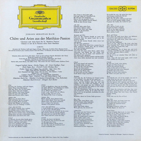 Johann Sebastian Bach / Irmgard Seefried  •  Hertha Töpper  •  Ernst Haefliger  •  Kieth Engen  •  Dietrich Fischer-Dieskau  • Dirigent:  Karl Richter : Chöre Und Arien Aus Der Matthäus-Passion (LP)