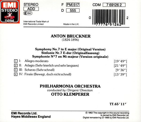Anton Bruckner, Philharmonia Orchestra, Otto Klemperer : Sinfonie No. 7 (CD, RM)