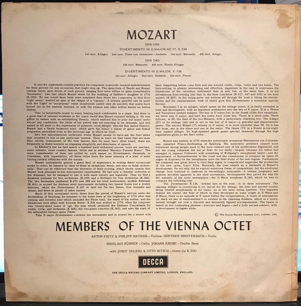 Mozart*, Members Of The Vienna Octet* : Divertimenti K.334 K.136 (LP, Mono)