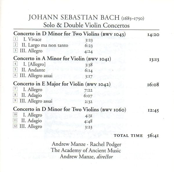 J. S. Bach* - Andrew Manze, Rachel Podger, The Academy Of Ancient Music : Solo & Double Violin Concertos (CD)