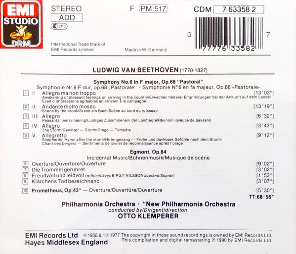Ludwig van Beethoven, Otto Klemperer, Philharmonia Orchestra : Symphonie No. 6 Pastorale / Egmont Incidental Music = Bühnenmusik = Musique De Scène / Prometheus Ouvertüre (CD, Comp, RM)