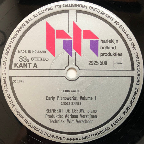 Erik Satie, Reinbert de Leeuw : Early Piano Works, Volume One (LP, Album, Gat)
