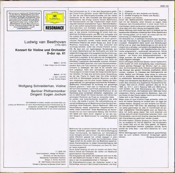 Ludwig Van Beethoven - Wolfgang Schneiderhan, Berliner Philharmoniker, Eugen Jochum : Violinkonzert (LP, RE)