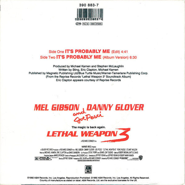 Sting With Eric Clapton : It's Probably Me (7", Single)