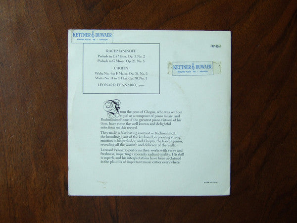 Sergei Vasilyevich Rachmaninoff, Frédéric Chopin, Leonard Pennario : Prelude In C Sharp Minor, Op. 3, No. 2 · Prelude In G Minor, Op. 23, No. 5 / Waltz No. 4 in F Major Op. 34 No. 3  (7")
