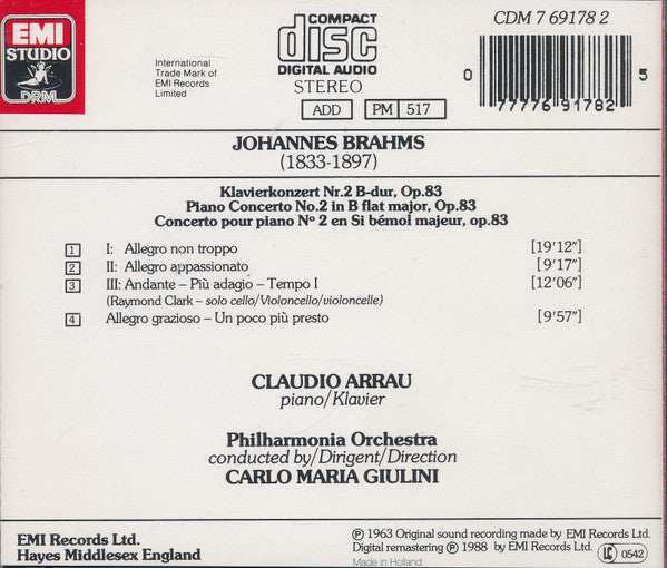 Johannes Brahms - Claudio Arrau, Philharmonia Orchestra, Carlo Maria Giulini : Klavierkonzert Nr. 2 (CD, RM)