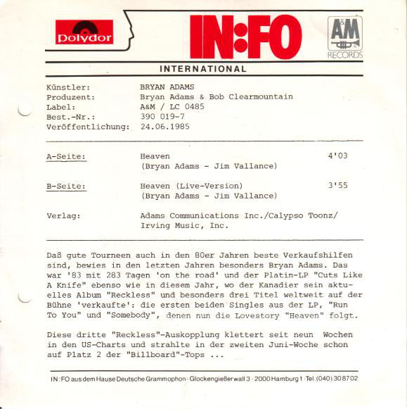 Bryan Adams : Heaven (7", Single)