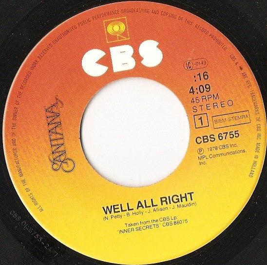 Santana : Well All Right / Wham! (7", Single)