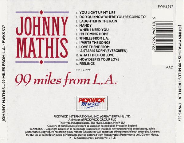 Johnny Mathis : 99 Miles From L.A. (CD, Comp, RM)