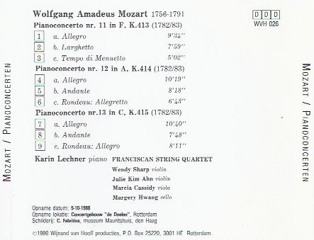 Karin Lechner & Franciscan String Quartet : Mozart Piano Concertos Nrs. 11-13 (KV 413 - 415) (CD, Album)