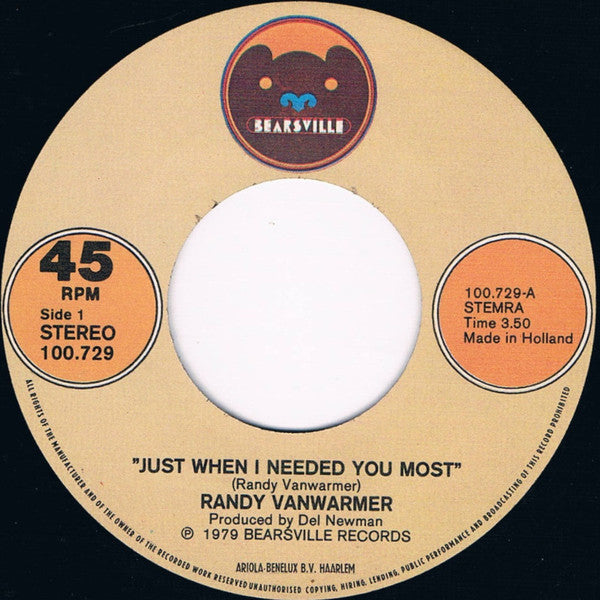 Randy Vanwarmer : Just When I Needed You Most (7", Single)