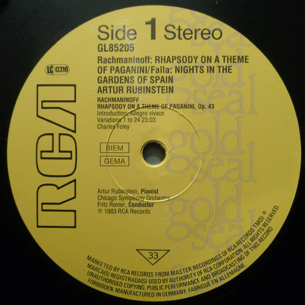 Sergei Vasilyevich Rachmaninoff, Manuel De Falla - Arthur Rubinstein, Chicago Symphony Orchestra, Fritz Reiner, The Philadelphia Orchestra, Eugene Ormandy : Rhapsody On A Theme Of Paganini / Nights In The Gardens Of Spain (LP, Comp, RM)