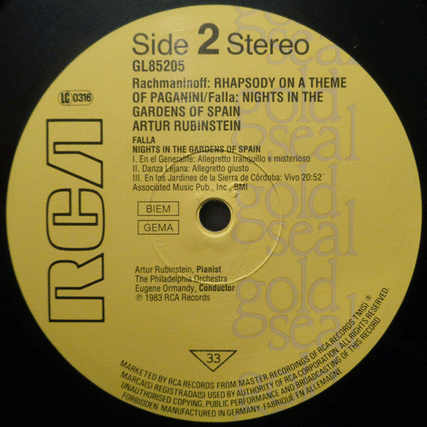 Sergei Vasilyevich Rachmaninoff, Manuel De Falla - Arthur Rubinstein, Chicago Symphony Orchestra, Fritz Reiner, The Philadelphia Orchestra, Eugene Ormandy : Rhapsody On A Theme Of Paganini / Nights In The Gardens Of Spain (LP, Comp, RM)