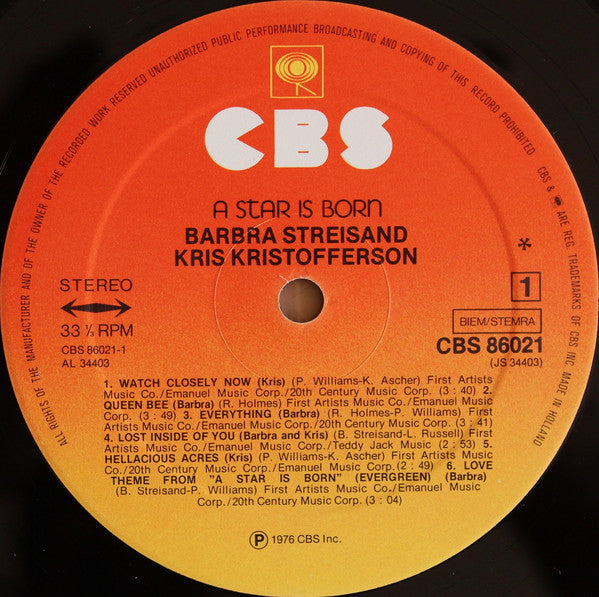 Barbra Streisand & Kris Kristofferson : A Star Is Born (LP, Album, Gat)