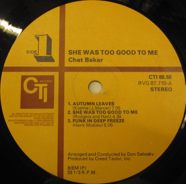 Chet Baker : She Was Too Good To Me (LP, Album, Gat)