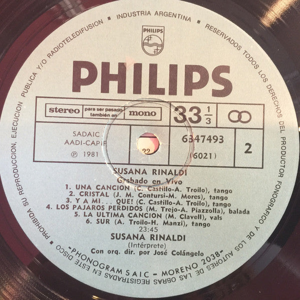 Susana Rinaldi : Grabado En Vivo (LP, Album)