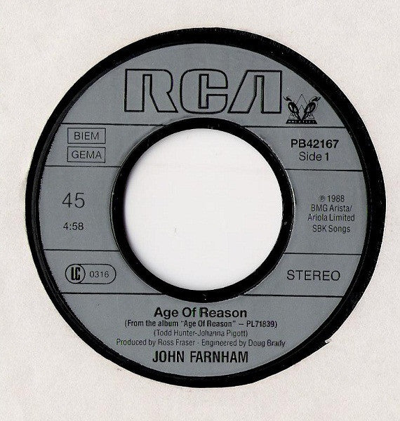 John Farnham : Age Of Reason (7", Single)