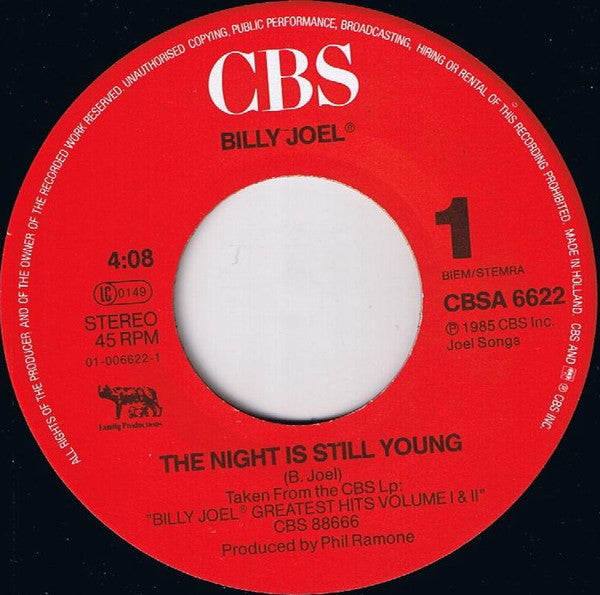 Billy Joel : The Night Is Still Young (7", Single)