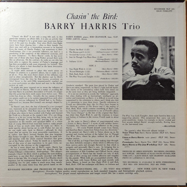 Barry Harris Trio : Chasin' The Bird (LP, Album, Mono)