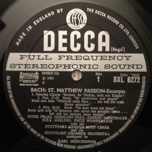 Johann Sebastian Bach - Peter Pears - Hermann Prey - Elly Ameling - Fritz Wunderlich - Tom Krause - Marga Höffgen, Stuttgarter Kammerorchester, Stuttgarter Hymnus-Chorknaben, Karl Münchinger : Matthäus-Passion Excerpts (LP)