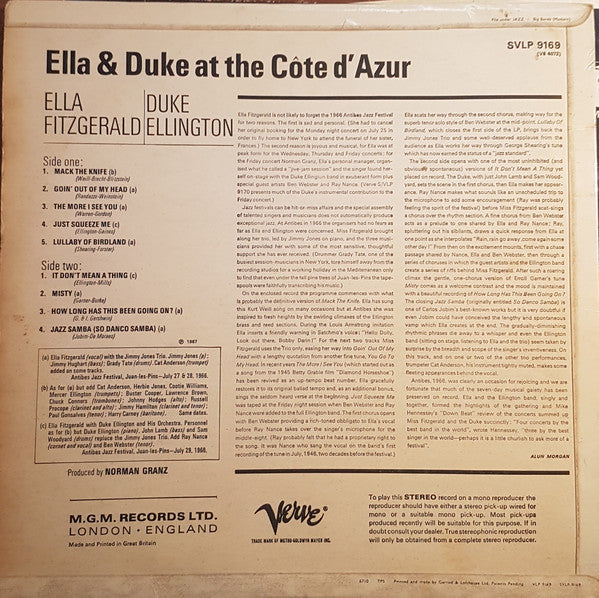 Ella Fitzgerald / Duke Ellington : Ella & Duke At The Côte D'Azur (LP, Album, Sin)