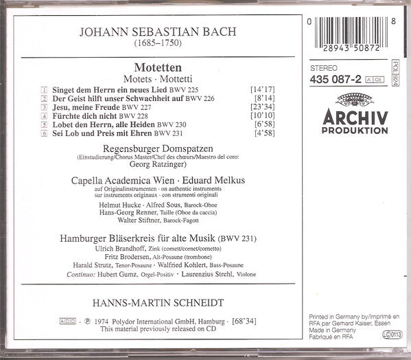 Johann Sebastian Bach - Hanns-Martin Schneidt, Regensburger Domspatzen : 6 Motetten • Motets (CD, Comp)
