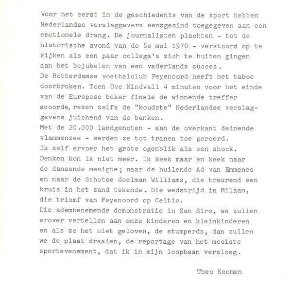 Theo Koomen & Wim Hoogendoorn : Gedeelten Uit Het Radio Wedstrijdverslag Feyenoord Celtic (Finale Europacup 6-5-1970) (7", Single, Blu)