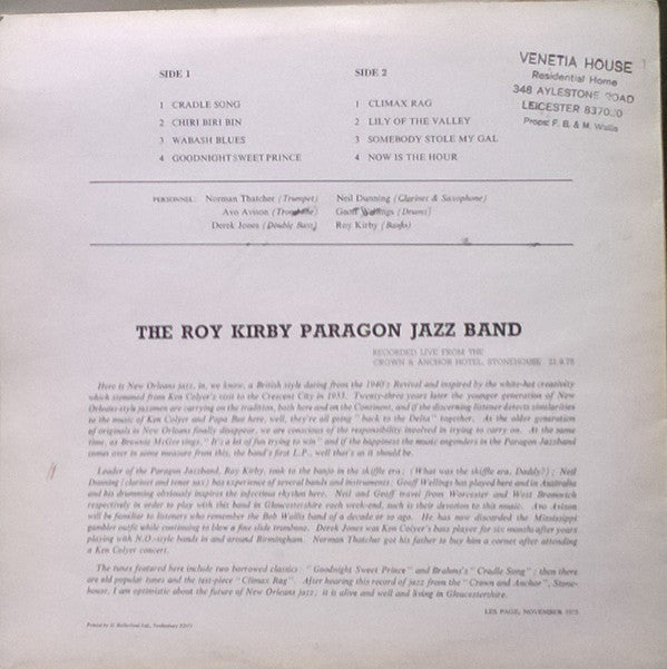 Roy Kirby's Paragon Jazzband : Live At The Crown & Anchor, Stonehouse (LP)