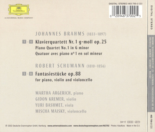 Martha Argerich · Gidon Kremer · Yuri Bashmet · Mischa Maisky - Johannes Brahms · Robert Schumann : Klavierquartett Op. 25 · Fantasiestücke Op. 88 (CD, Album, RE)
