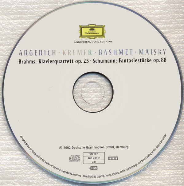 Martha Argerich · Gidon Kremer · Yuri Bashmet · Mischa Maisky - Johannes Brahms · Robert Schumann : Klavierquartett Op. 25 · Fantasiestücke Op. 88 (CD, Album, RE)