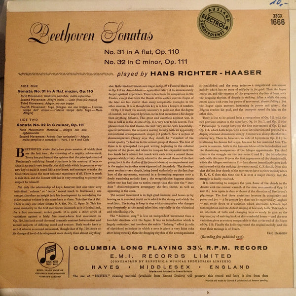 Beethoven*, Hans Richter-Haaser : Piano Sonatas: No. 31 In A Flat, Op. 110; No. 32 In C Minor, Op. 111 (LP, Mono, RE)