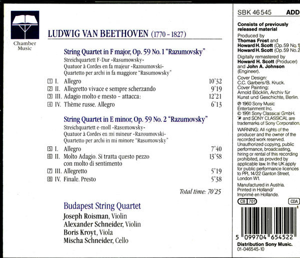 Ludwig Van Beethoven / Budapest String Quartet : String Quartets Op. 59 No. 1&2 (CD, Album, Comp)