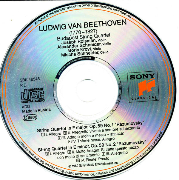 Ludwig Van Beethoven / Budapest String Quartet : String Quartets Op. 59 No. 1&2 (CD, Album, Comp)