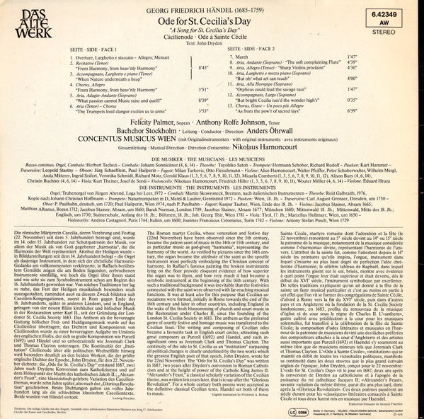 Georg Friedrich Händel - Felicity Palmer • Anthony Rolfe Johnson • Stockholm Bach Choir • Concentus Musicus Wien • Nikolaus Harnoncourt : Ode For St. Cecilia's Day • Cäcilienode • Ode À Sainte Cécile (LP, Album)