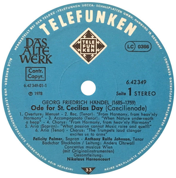 Georg Friedrich Händel - Felicity Palmer • Anthony Rolfe Johnson • Stockholm Bach Choir • Concentus Musicus Wien • Nikolaus Harnoncourt : Ode For St. Cecilia's Day • Cäcilienode • Ode À Sainte Cécile (LP, Album)