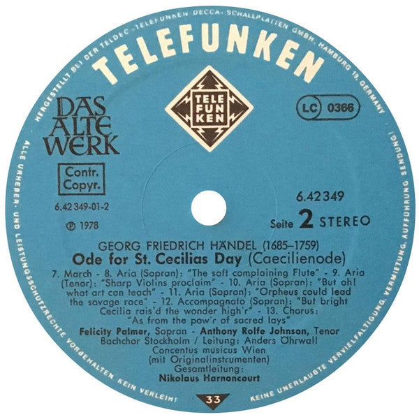 Georg Friedrich Händel - Felicity Palmer • Anthony Rolfe Johnson • Stockholm Bach Choir • Concentus Musicus Wien • Nikolaus Harnoncourt : Ode For St. Cecilia's Day • Cäcilienode • Ode À Sainte Cécile (LP, Album)