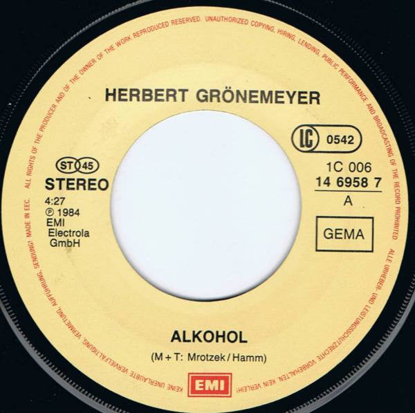 Herbert Grönemeyer : Alkohol (7", Single)