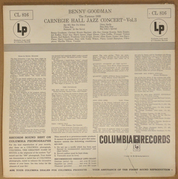 Benny Goodman : The Famous 1938 Carnegie Hall Jazz Concert Vol.3 (LP, Mono)