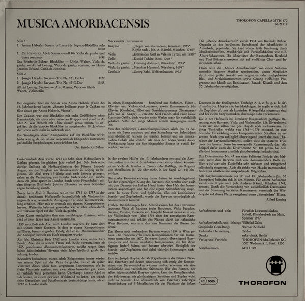 Musica Amorbacensis : Divertimenti Und Soli Für Baryton · Flauto Dolce · Viola Da Gamba (LP)