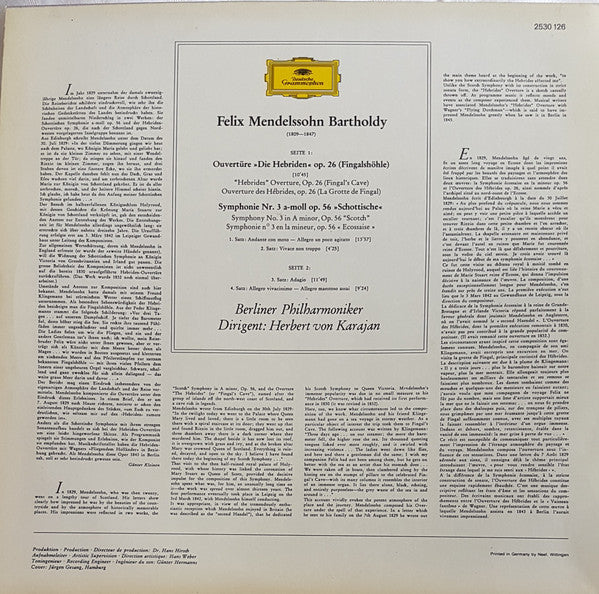 Felix Mendelssohn-Bartholdy - Berliner Philharmoniker • Herbert von Karajan : Symphonie Nr. 3 »Schottische« • Hebriden-Ouvertüre (LP)