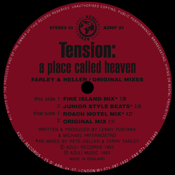 Tension : A Place Called Heaven (Joey Negro Re-Mixes • Farley/Heller Mixes) (2x12", Single)