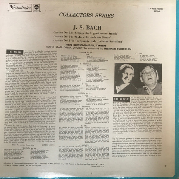 Johann Sebastian Bach, Hilde Roessel-Majdan*, Vienna State Opera Orch.*, Hermann Scherchen : Three Cantatas For Contralto (LP, Mono)