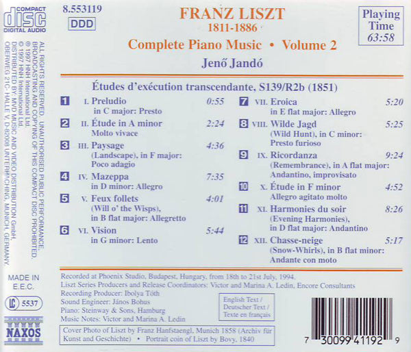 Franz Liszt - Jenö Jandó : Complete Piano Music • Volume 2 - Etudes D'Exécution Transcendante (Transcendental Studies) 1851 Version (CD)