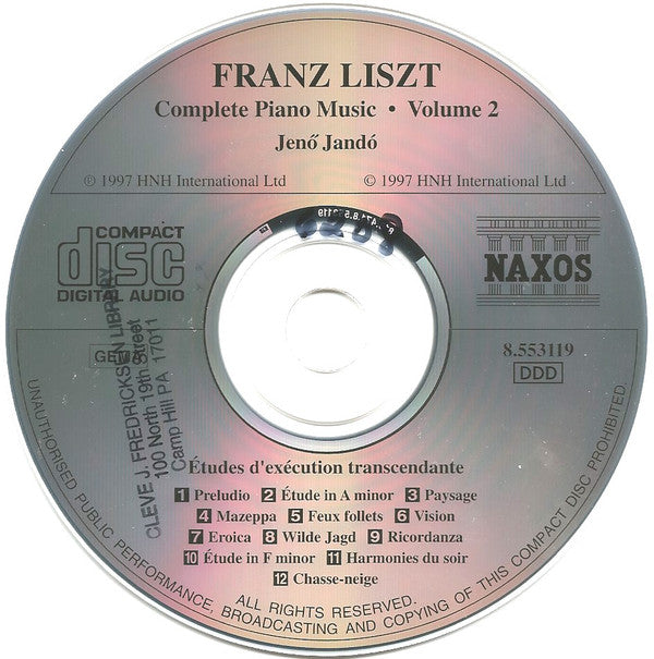Franz Liszt - Jenö Jandó : Complete Piano Music • Volume 2 - Etudes D'Exécution Transcendante (Transcendental Studies) 1851 Version (CD)