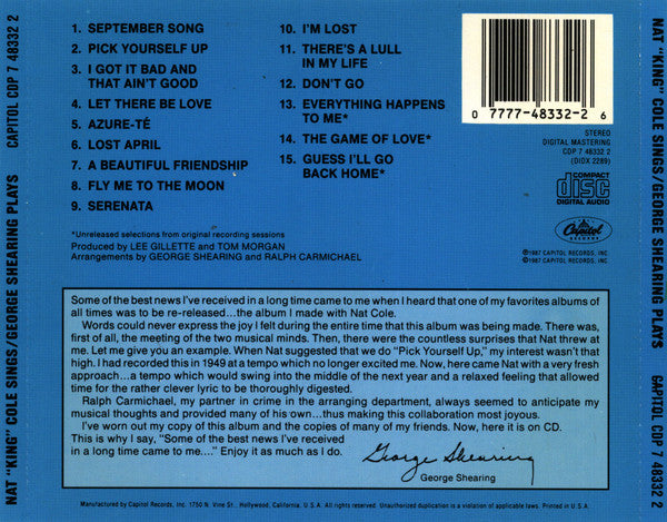 Nat King Cole Sings / George Shearing Plays With The George Shearing Quintet With String Choir : Nat King Cole Sings/George Shearing Plays (CD, Album, RE, RM)