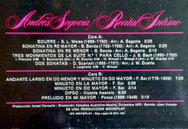 Andrés Segovia : Recital Intimo (LP, Album, Gat)