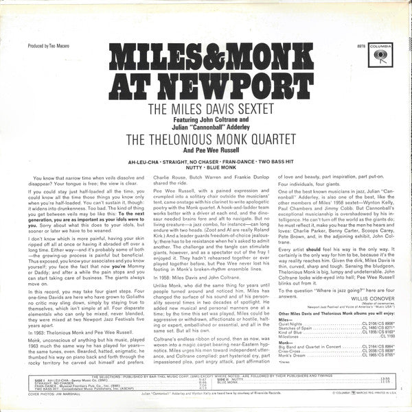 The Miles Davis Sextet Featuring John Coltrane And "Cannonball" Adderley* / The Thelonious Monk Quartet And Pee Wee Russell : Miles & Monk At Newport (LP, Album, RE, Car)